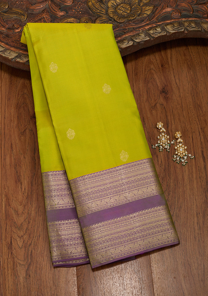 Parrot Green Silk Buti Gold Zariwork Saree With Matching Blouse Piece