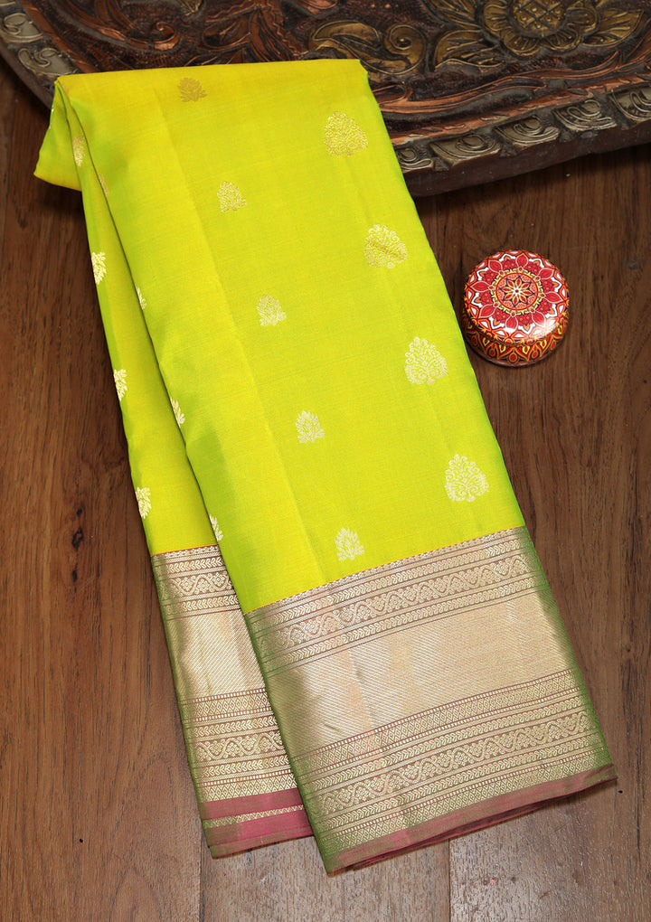 Parrot Green Silk Buti Gold Zariwork Saree With Matching Blouse Piece