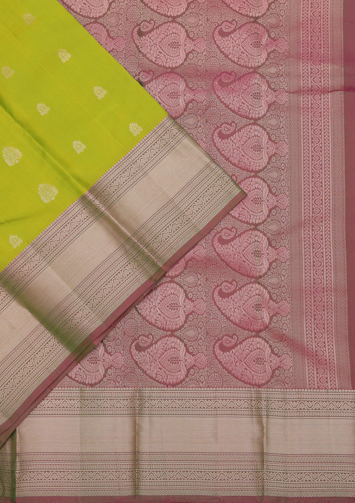 Parrot Green Silk Buti Gold Zariwork Saree With Matching Blouse Piece