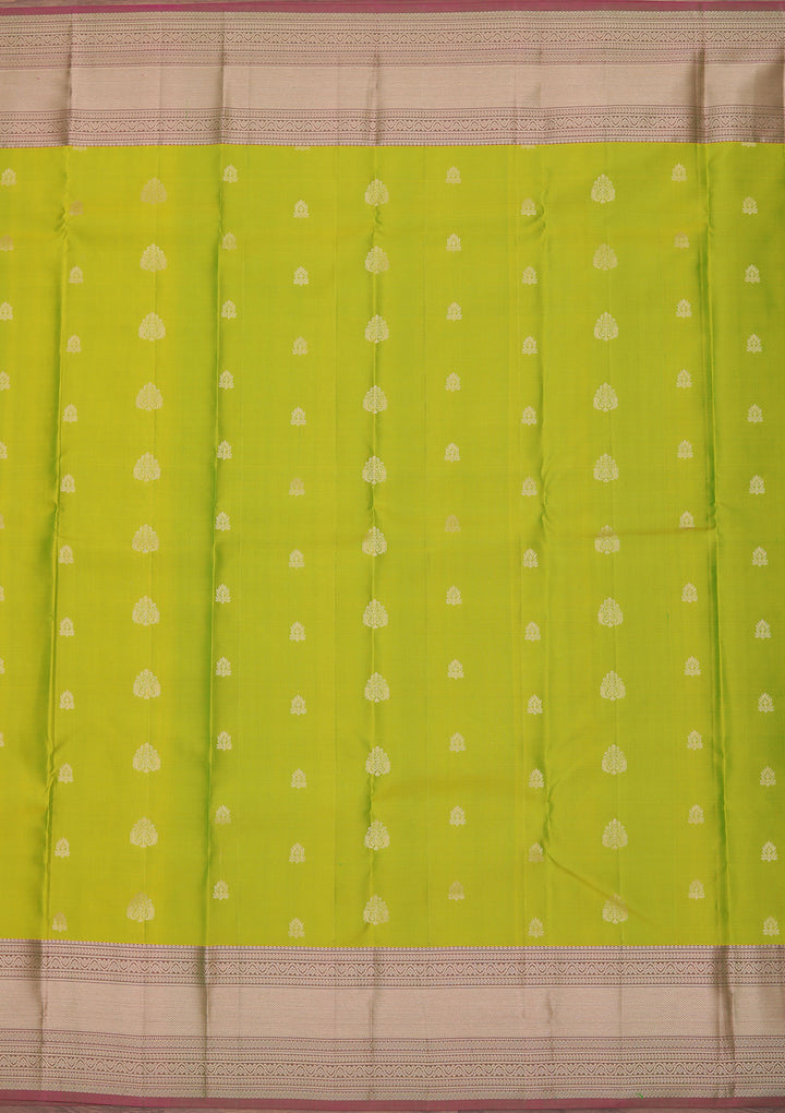 Parrot Green Silk Buti Gold Zariwork Saree With Matching Blouse Piece