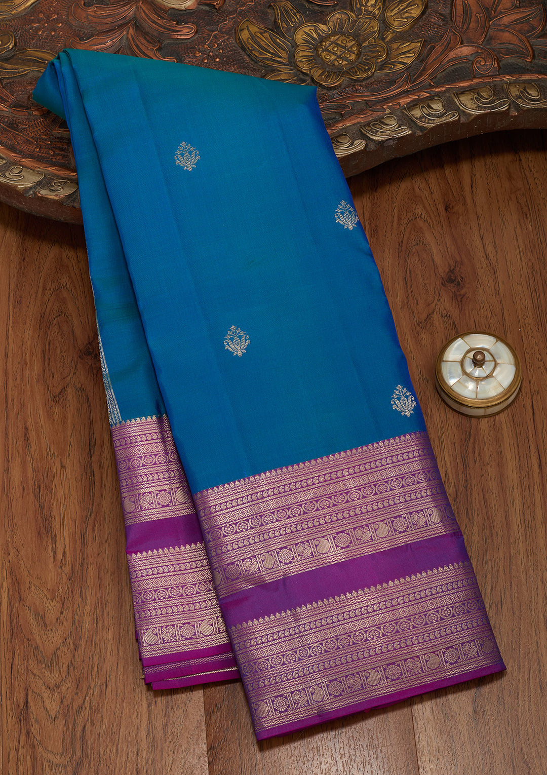 Peacock Blue Silk Buti Gold Zariwork Saree With Matching Blouse Piece