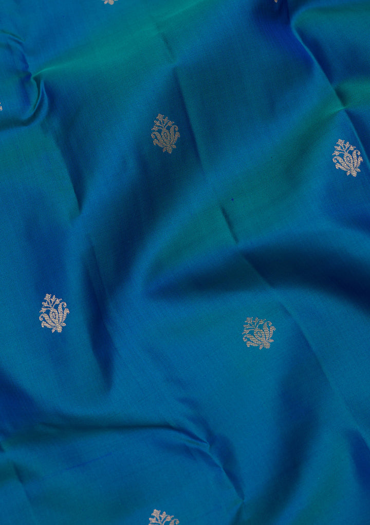 Peacock Blue Silk Buti Gold Zariwork Saree With Matching Blouse Piece