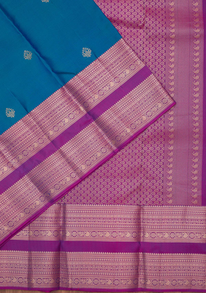 Peacock Blue Silk Buti Gold Zariwork Saree With Matching Blouse Piece