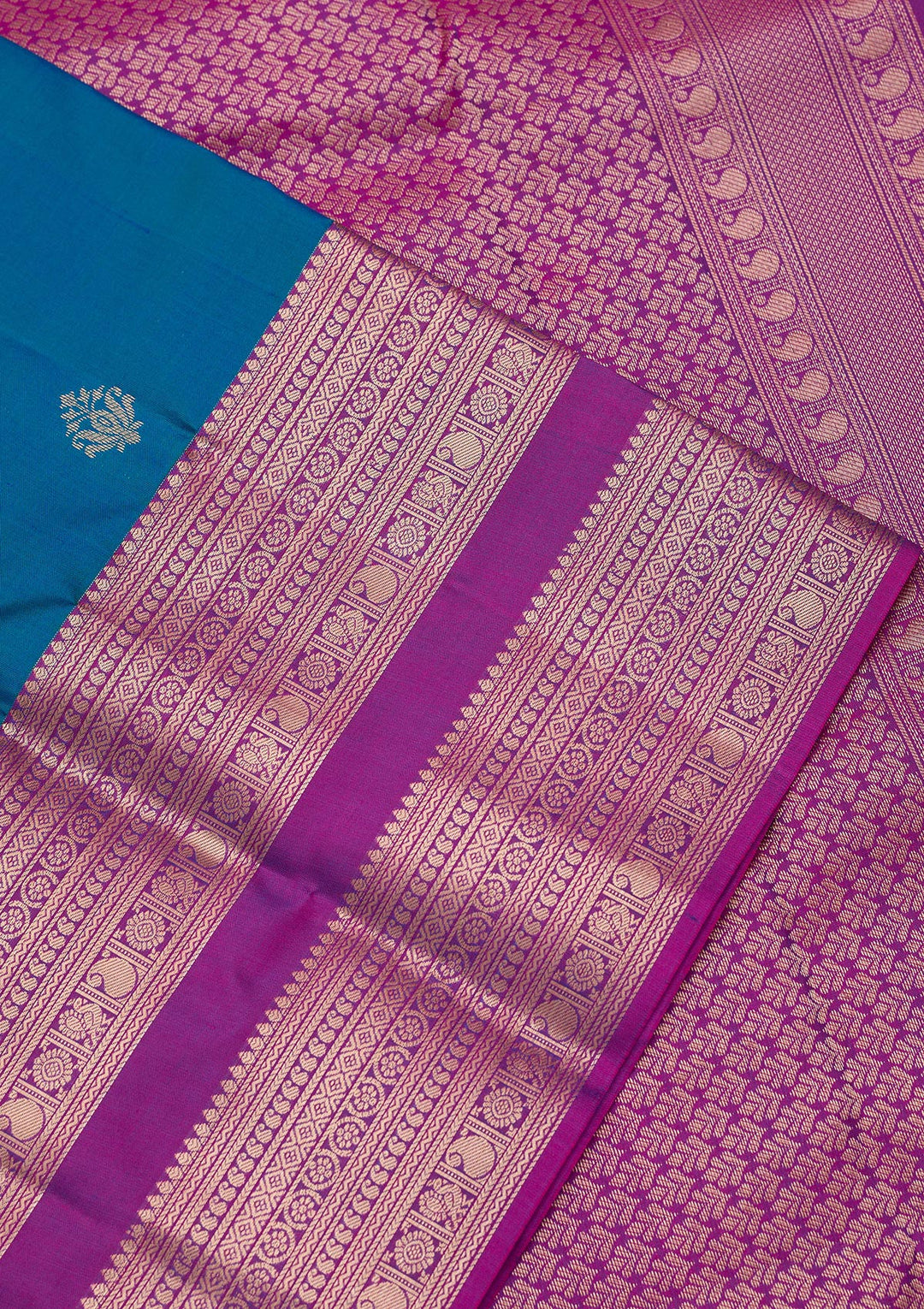 Peacock Blue Silk Buti Gold Zariwork Saree With Matching Blouse Piece