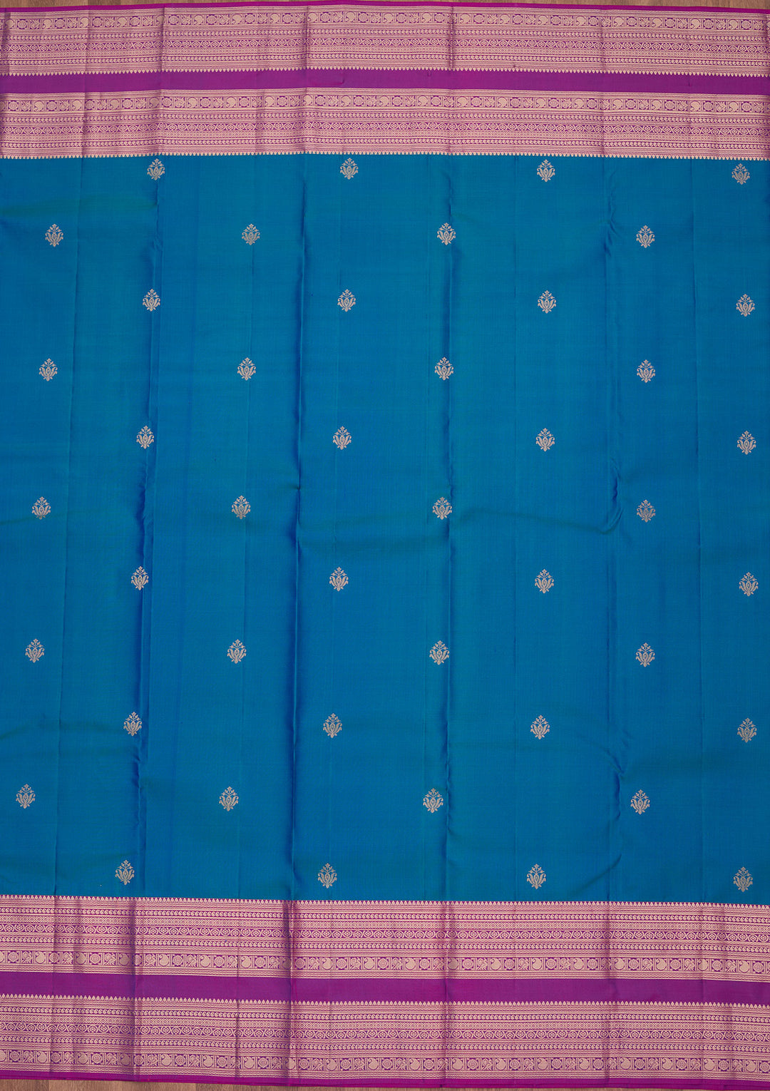 Peacock Blue Silk Buti Gold Zariwork Saree With Matching Blouse Piece