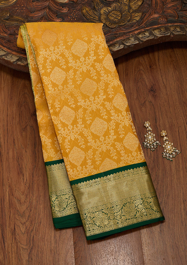 Mustard Yellow Silk Jaal Saree With Matching Blouse Piece