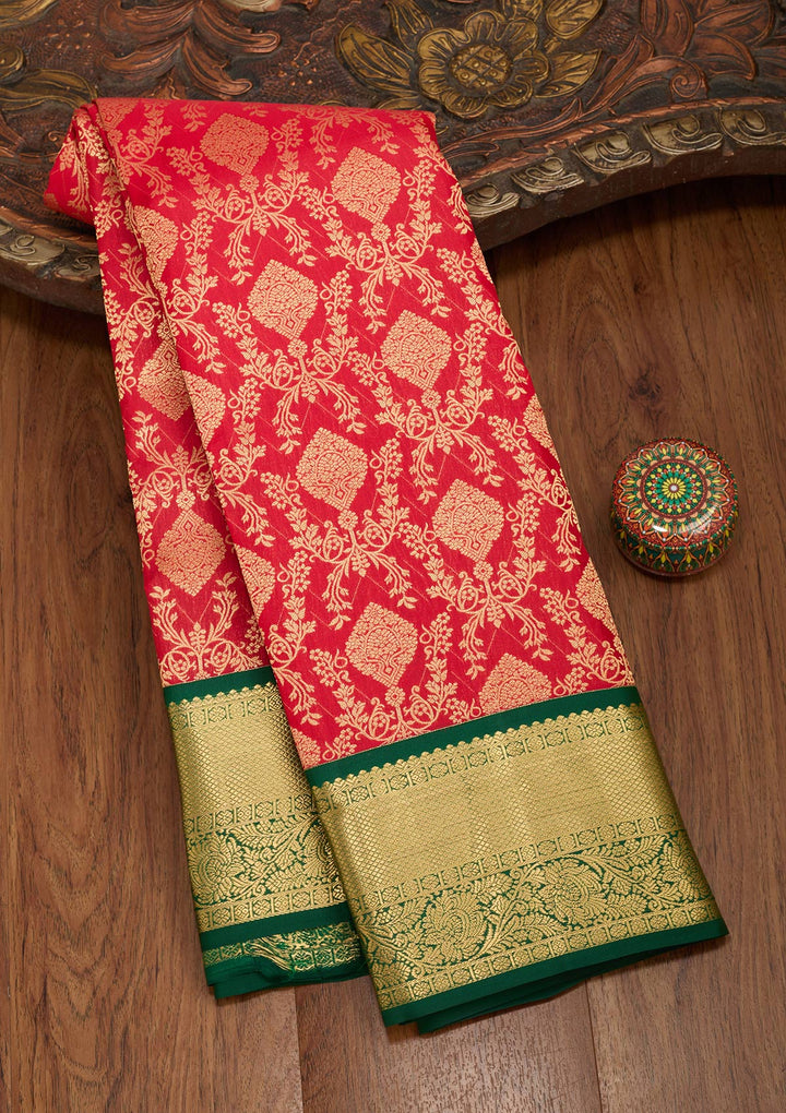 Red Silk Jaal Saree With Matching Blouse Piece
