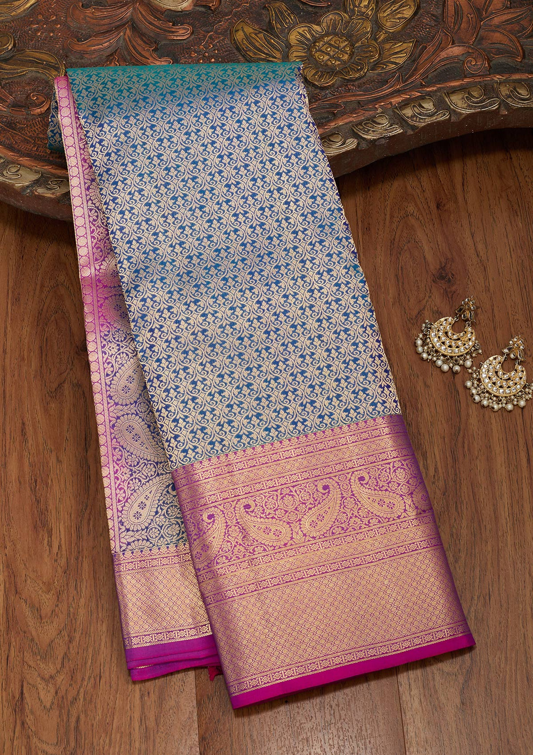 Peacock Blue Silk Jaal Saree With Matching Blouse Piece