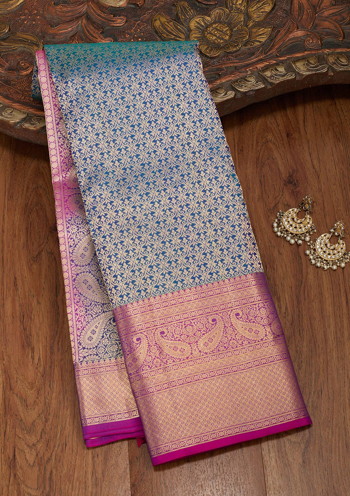 Peacock Blue Silk Jaal Saree With Matching Blouse Piece