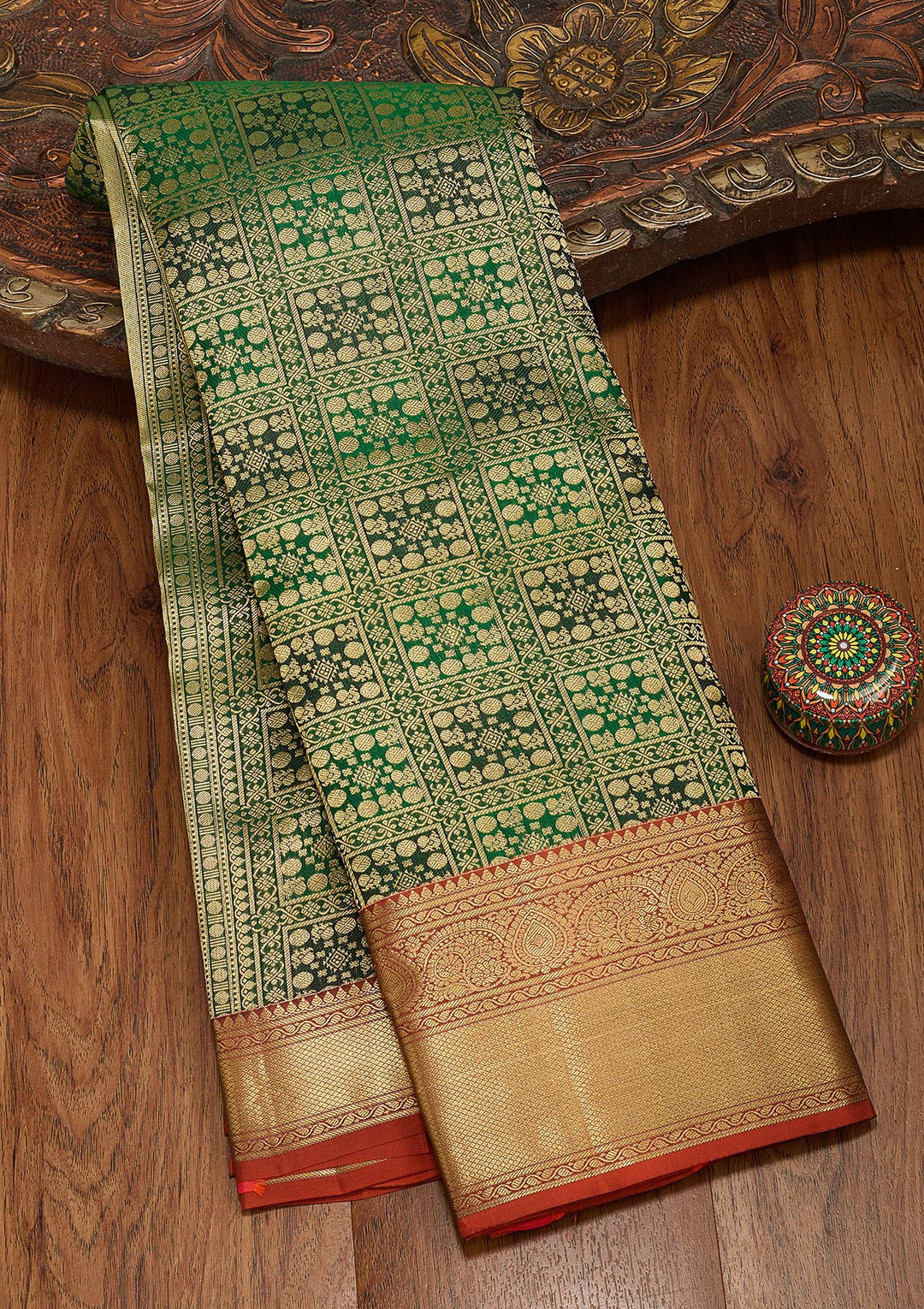 Bottle Green Silk Jaal Saree With Matching Blouse Piece