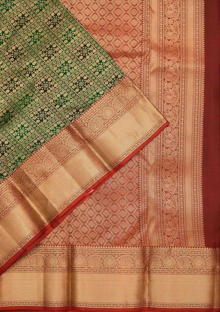 Bottle Green Silk Jaal Saree With Matching Blouse Piece