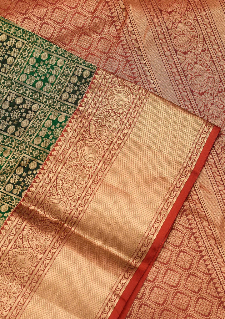 Bottle Green Silk Jaal Saree With Matching Blouse Piece