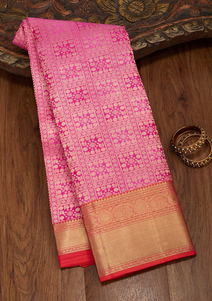 Rani Pink Pure Silk Jaal Zariwork Saree With Matching Blouse Piece