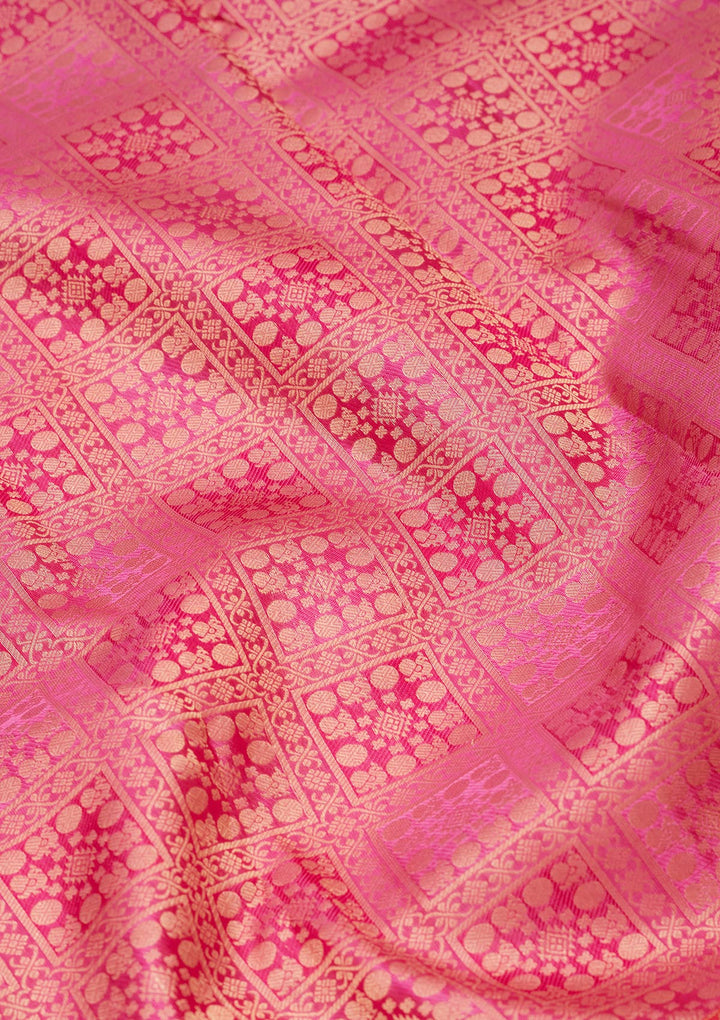 Rani Pink Pure Silk Jaal Zariwork Saree With Matching Blouse Piece