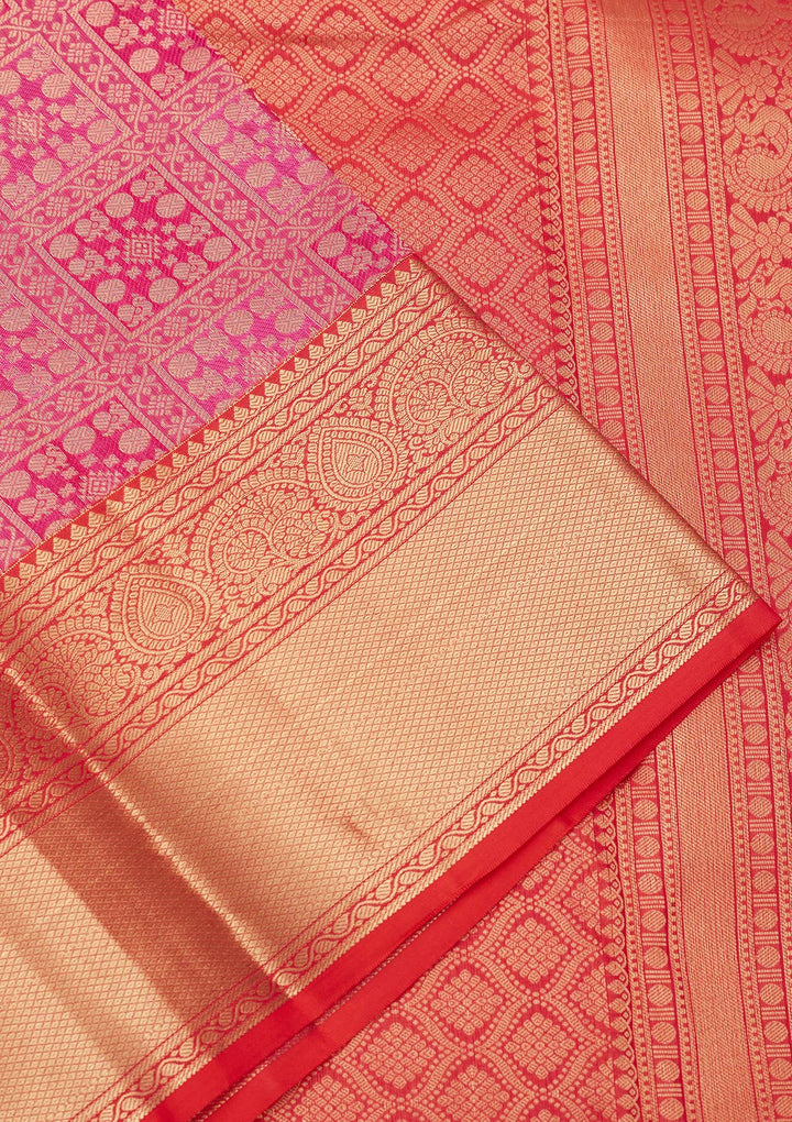Rani Pink Pure Silk Jaal Zariwork Saree With Matching Blouse Piece