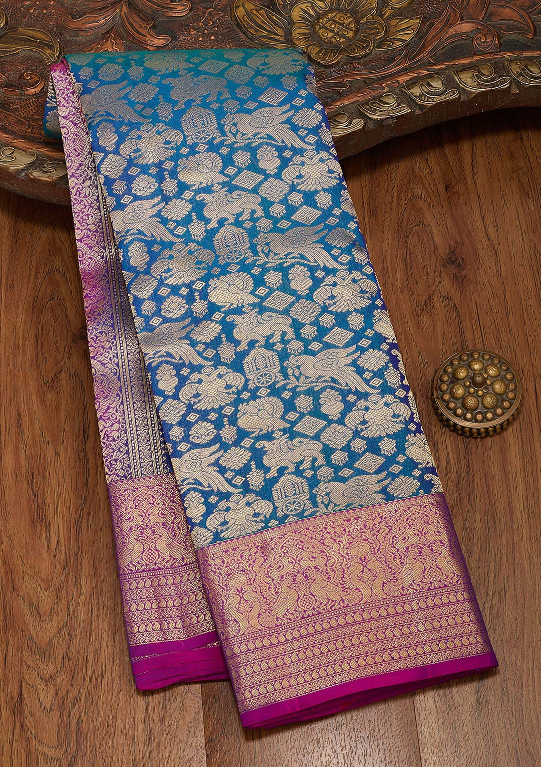 Peacock Blue Silk Jaal Saree With Matching Blouse Piece
