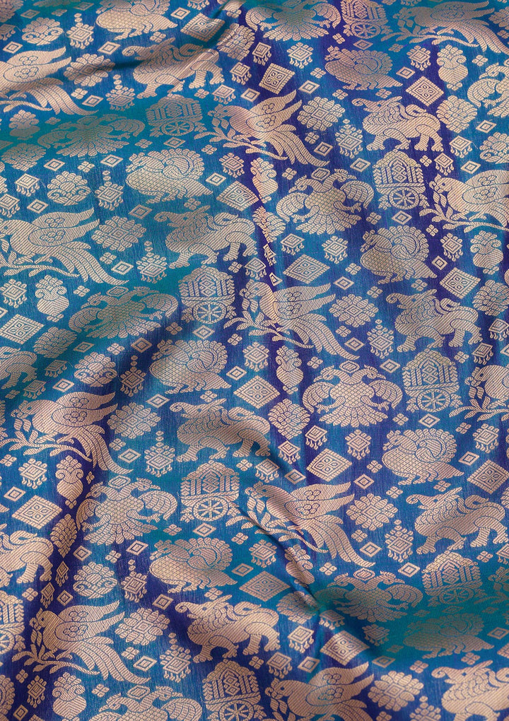 Peacock Blue Silk Jaal Saree With Matching Blouse Piece