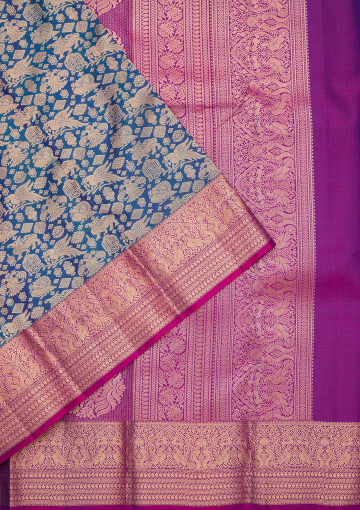 Peacock Blue Silk Jaal Saree With Matching Blouse Piece