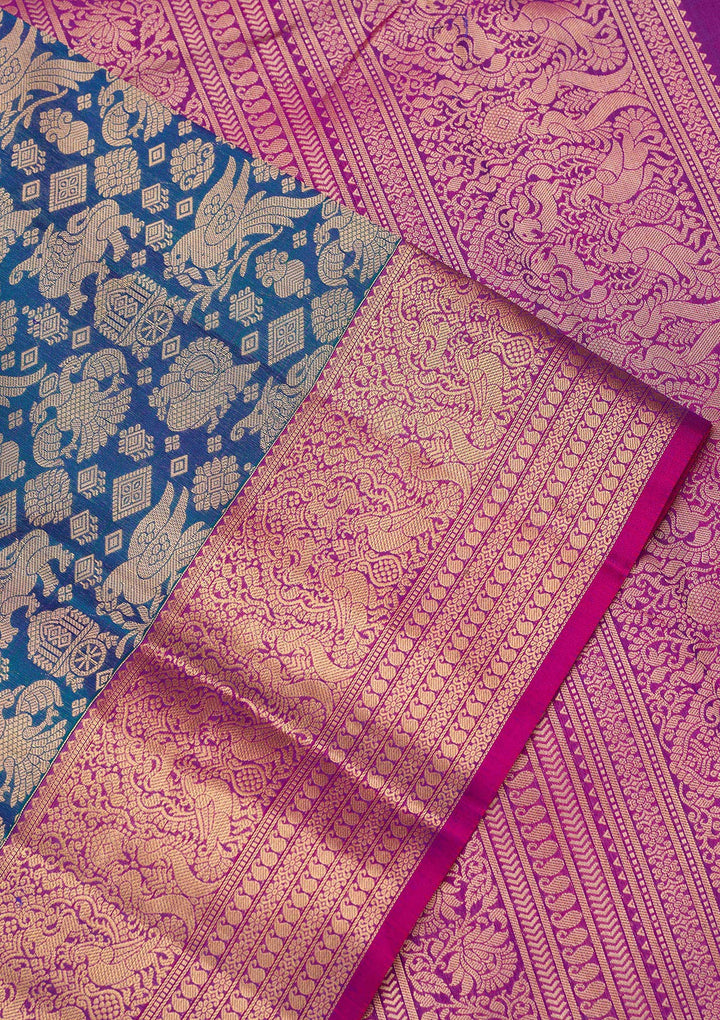 Peacock Blue Silk Jaal Saree With Matching Blouse Piece