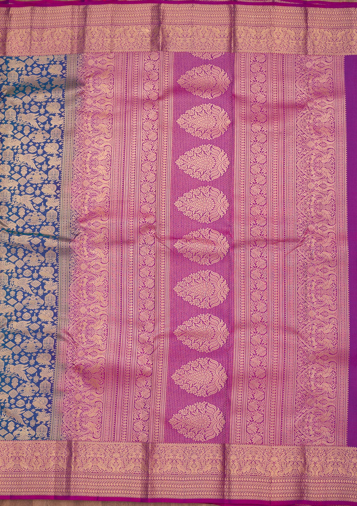 Peacock Blue Silk Jaal Saree With Matching Blouse Piece