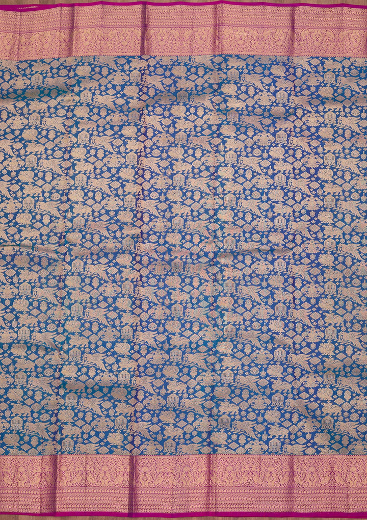 Peacock Blue Silk Jaal Saree With Matching Blouse Piece