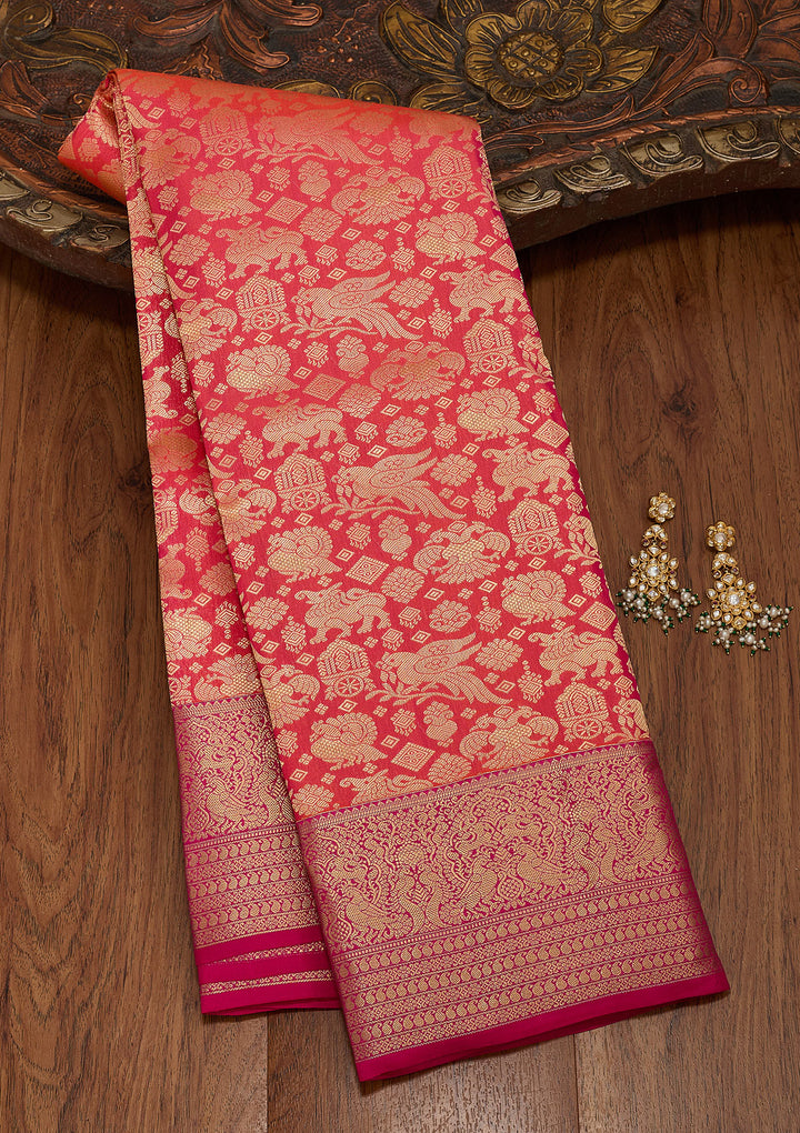 Rust Pure Silk Jaal Zariwork Saree With Matching Blouse Piece