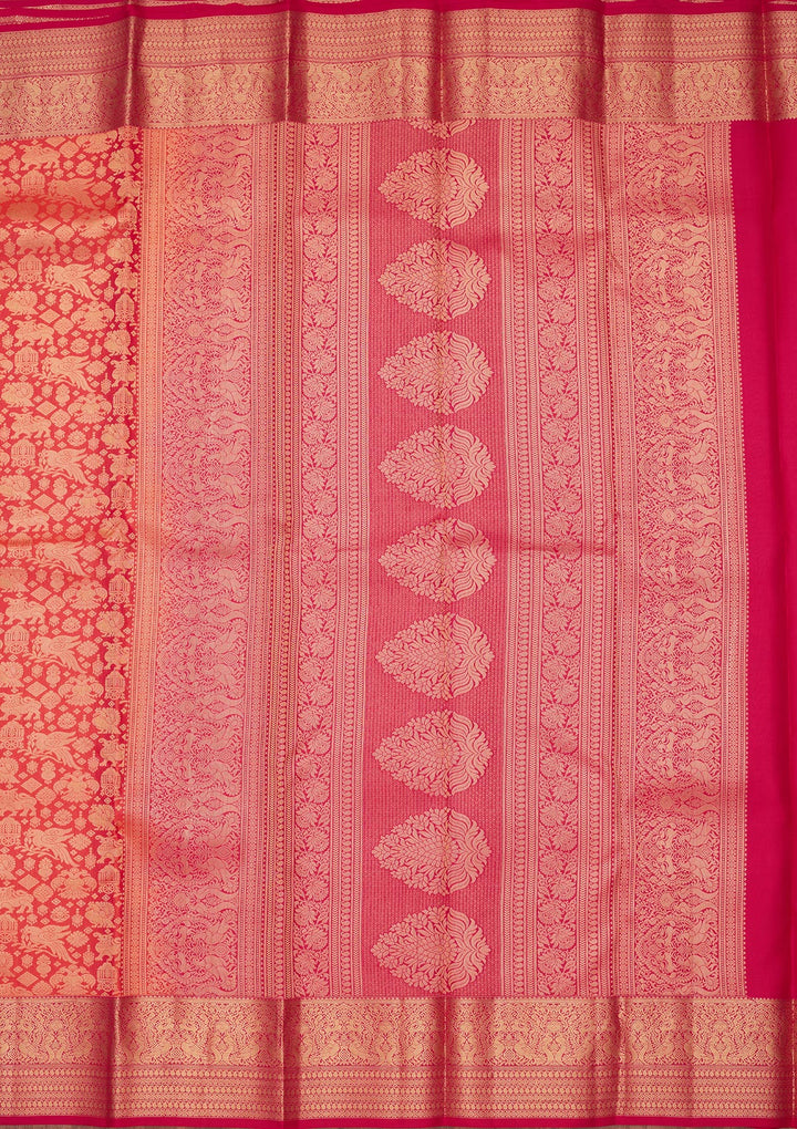 Rust Pure Silk Jaal Zariwork Saree With Matching Blouse Piece