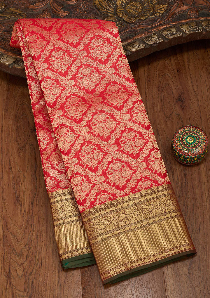 Red Pure Silk Jaal Zariwork Saree With Matching Blouse Piece