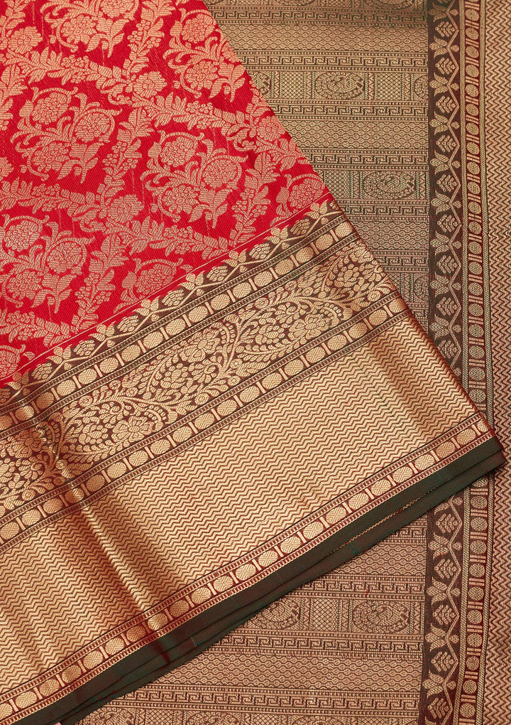 Red Pure Silk Jaal Zariwork Saree With Matching Blouse Piece