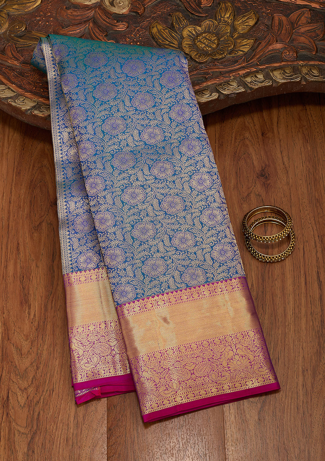 Peacock Blue Silk Jaal Saree With Matching Blouse Piece