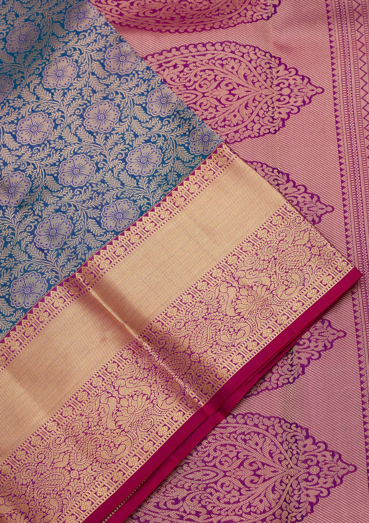Peacock Blue Silk Jaal Saree With Matching Blouse Piece