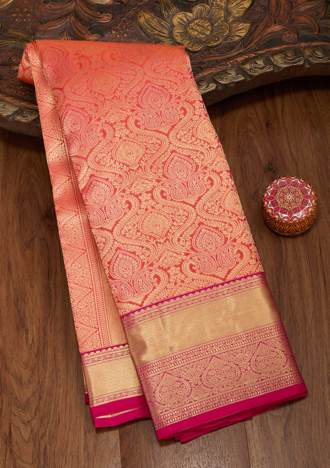 Orange Silk Jaal Saree With Matching Blouse Piece