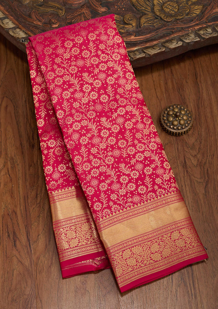 Rani Pink Pure Silk Jaal Zariwork Saree With Matching Blouse Piece