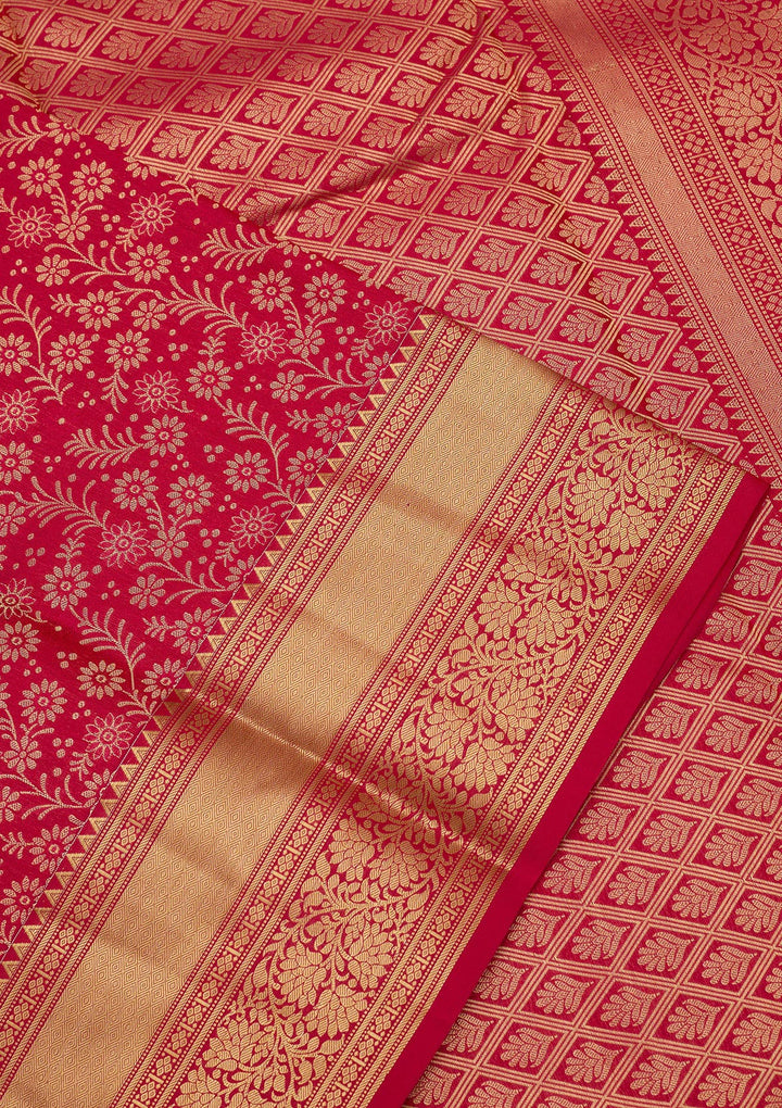 Rani Pink Pure Silk Jaal Zariwork Saree With Matching Blouse Piece