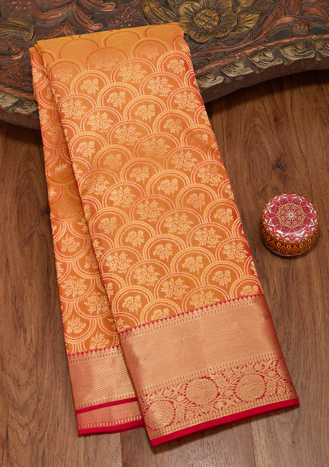 Mustard Silk Jaal Gold Zariwork Saree With Matching Blouse Piece