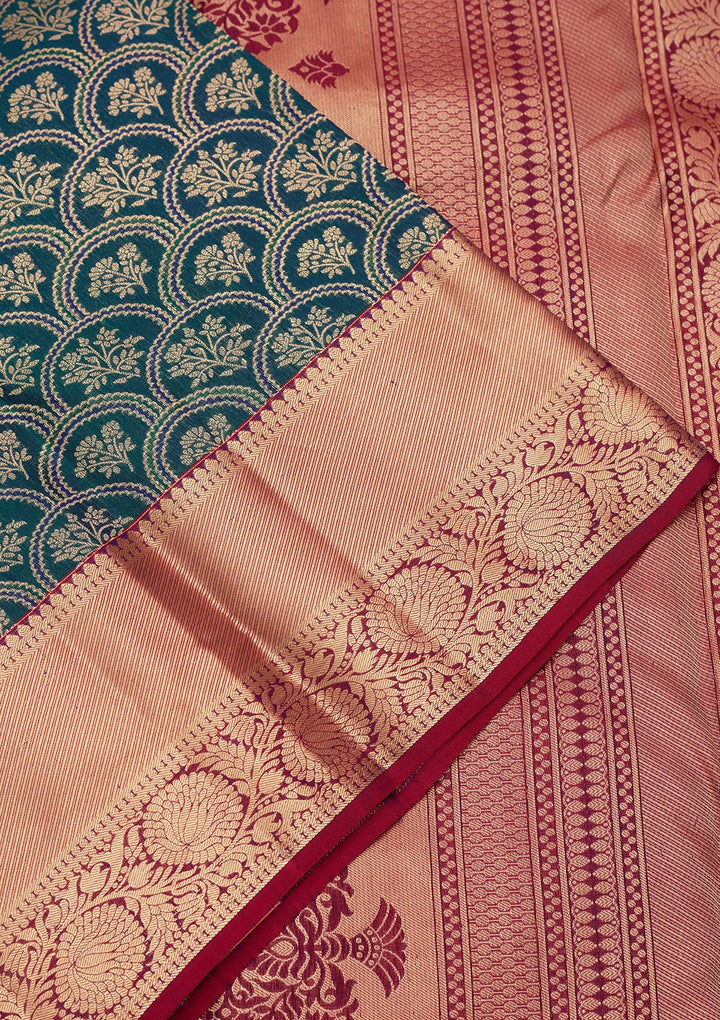 Rama Green Silk Jaal Saree With Matching Blouse Piece