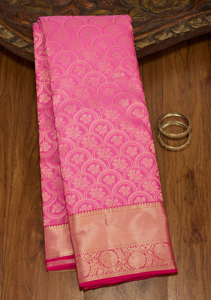 Pink Silk Jaal Gold Zariwork Saree With Matching Blouse Piece