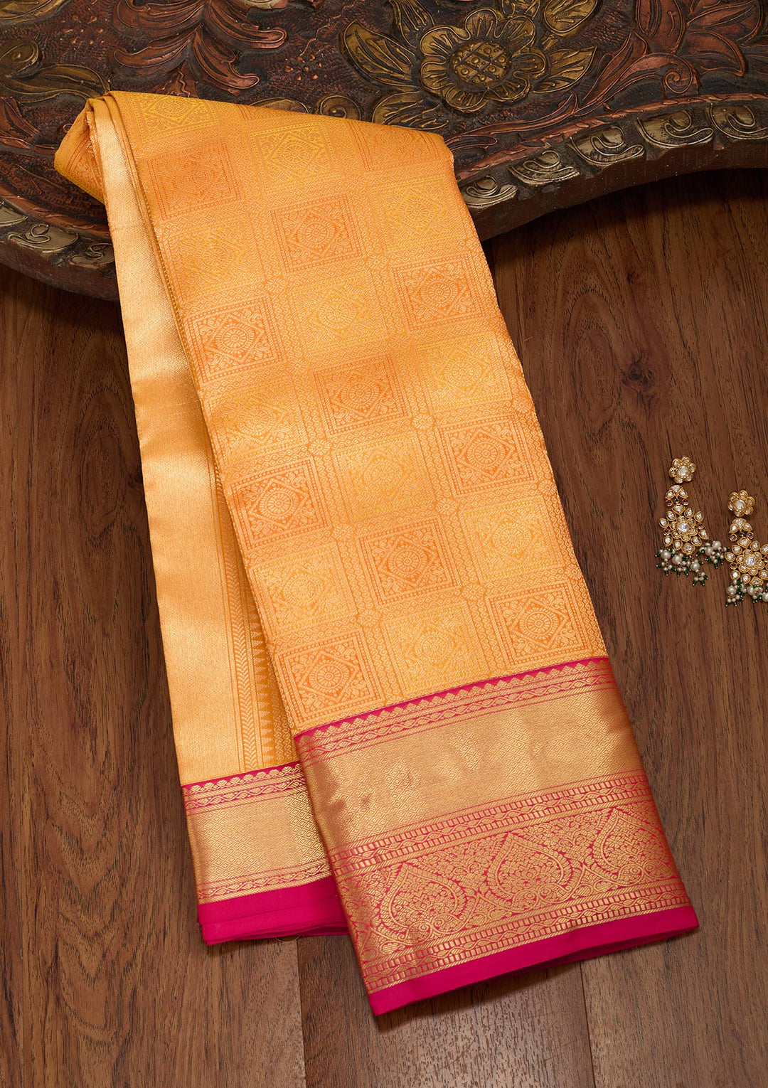Mustard Yellow Silk Jaal Saree With Matching Blouse Piece