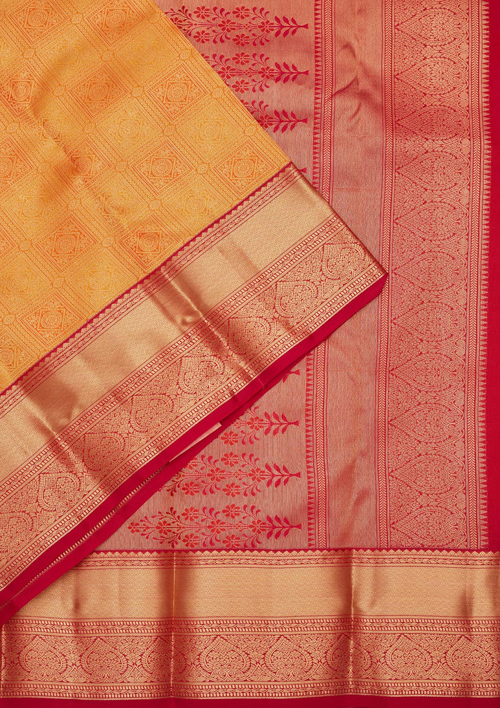 Mustard Yellow Silk Jaal Saree With Matching Blouse Piece