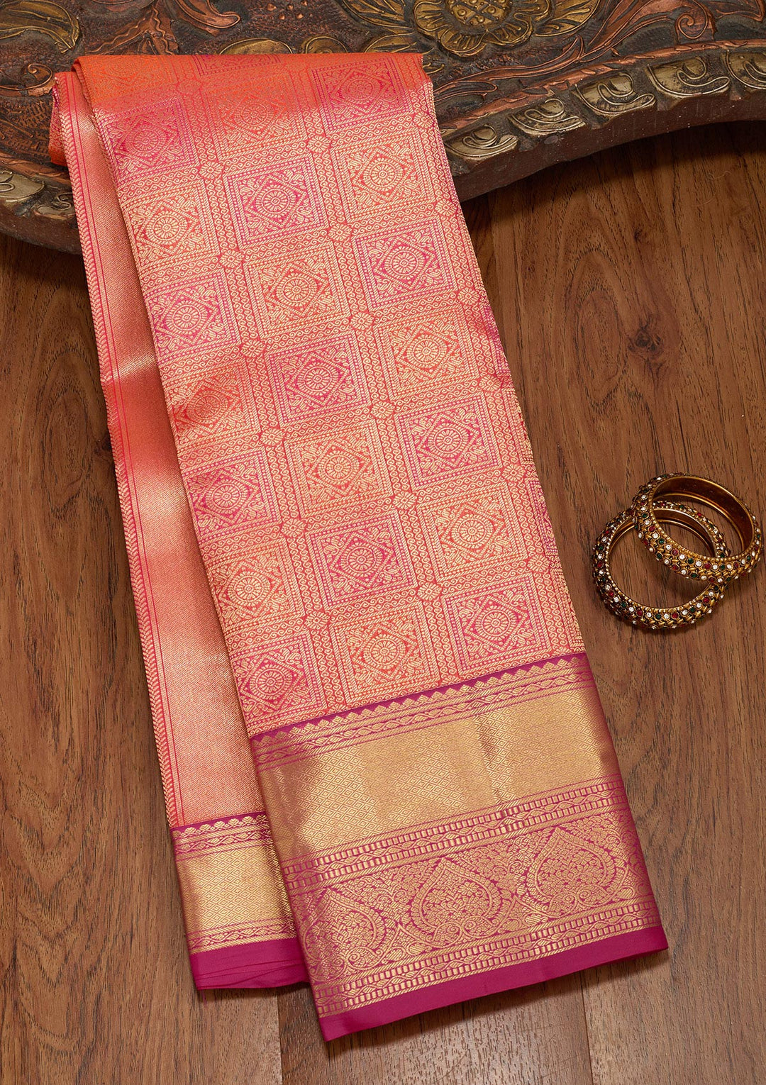 Orange Silk Jaal Saree With Matching Blouse Piece