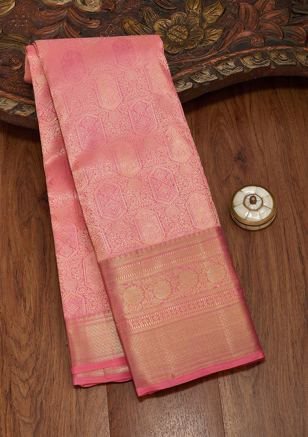 Onion Pink Silk Jaal Saree With Matching Blouse Piece