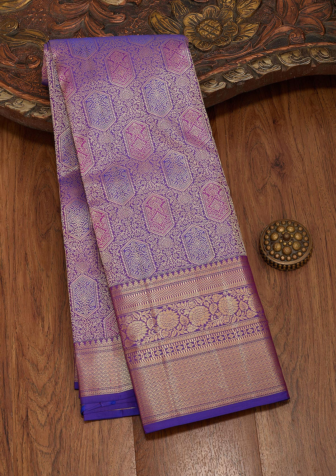 Royal Blue Silk Jaal Saree With Matching Blouse Piece