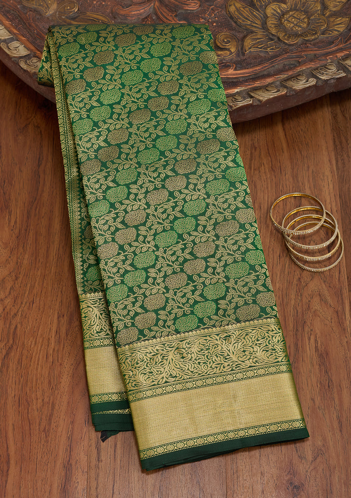 Bottle Green Pure Silk Jaal Zariwork Saree With Matching Blouse Piece