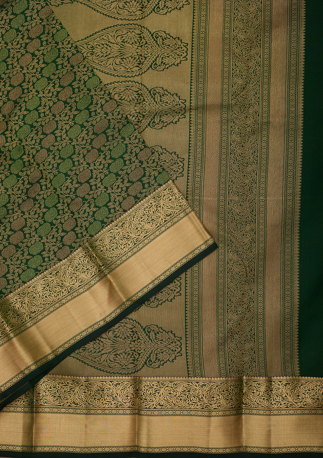 Bottle Green Pure Silk Jaal Zariwork Saree With Matching Blouse Piece