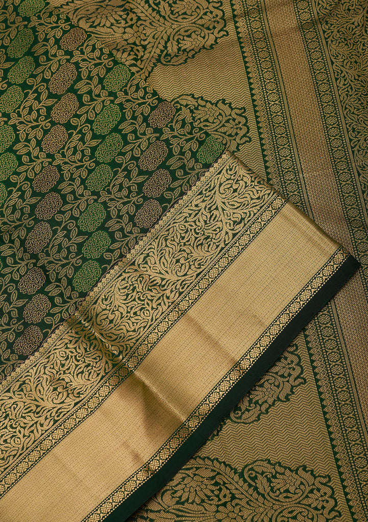 Bottle Green Pure Silk Jaal Zariwork Saree With Matching Blouse Piece