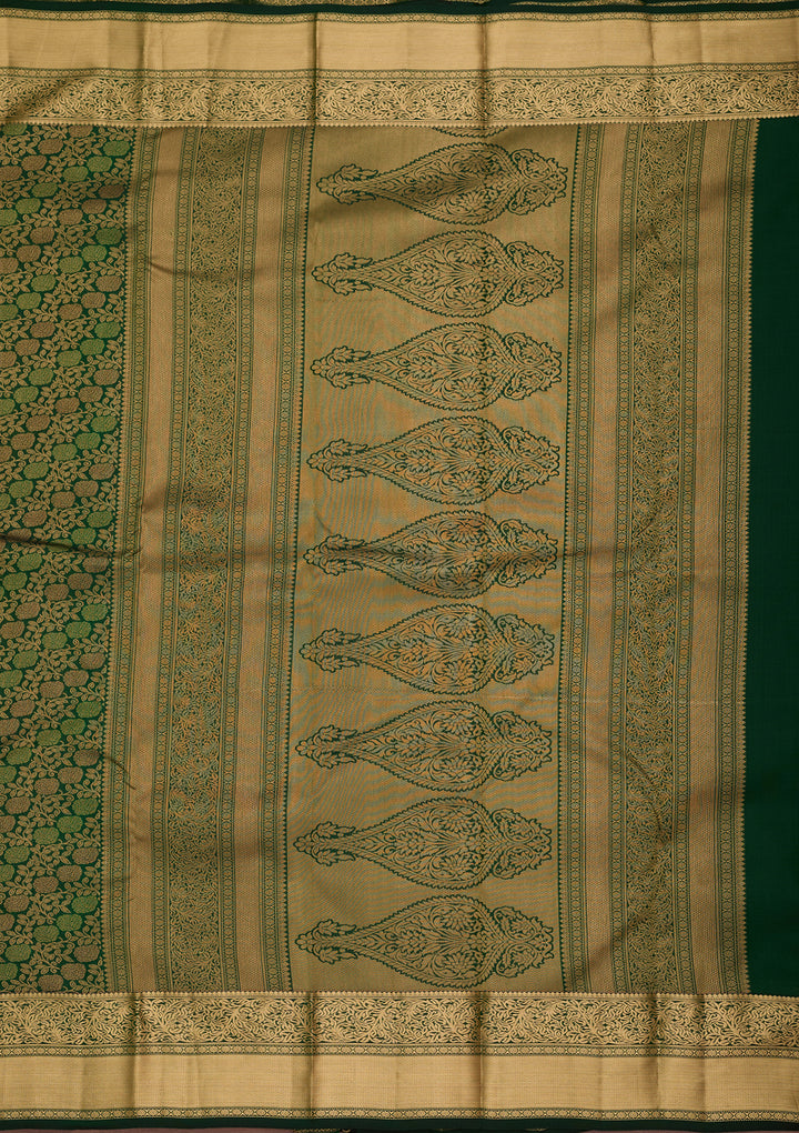 Bottle Green Pure Silk Jaal Zariwork Saree With Matching Blouse Piece