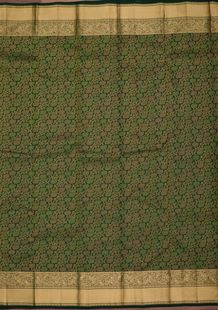 Bottle Green Pure Silk Jaal Zariwork Saree With Matching Blouse Piece