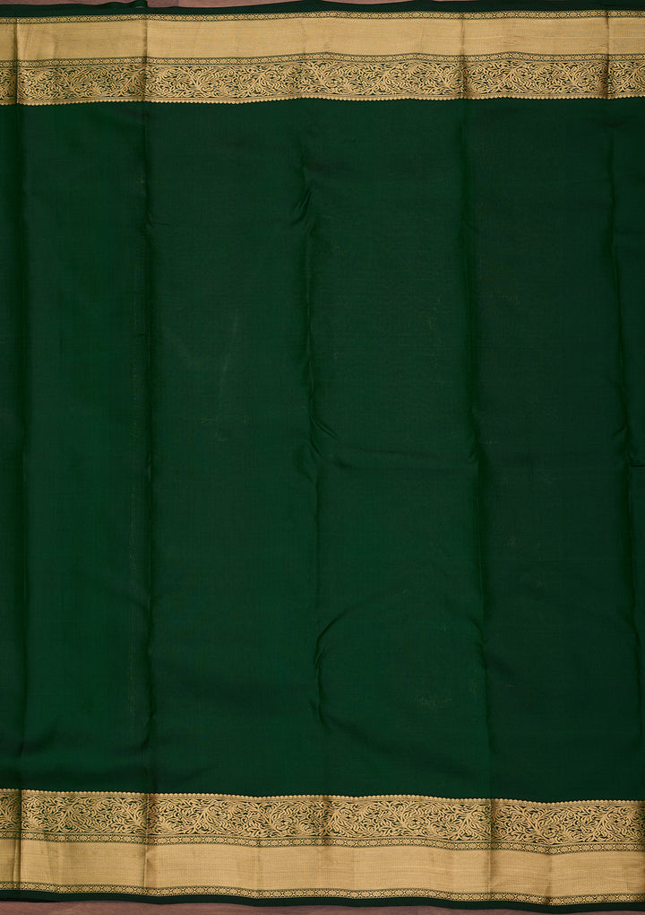 Bottle Green Pure Silk Jaal Zariwork Saree With Matching Blouse Piece
