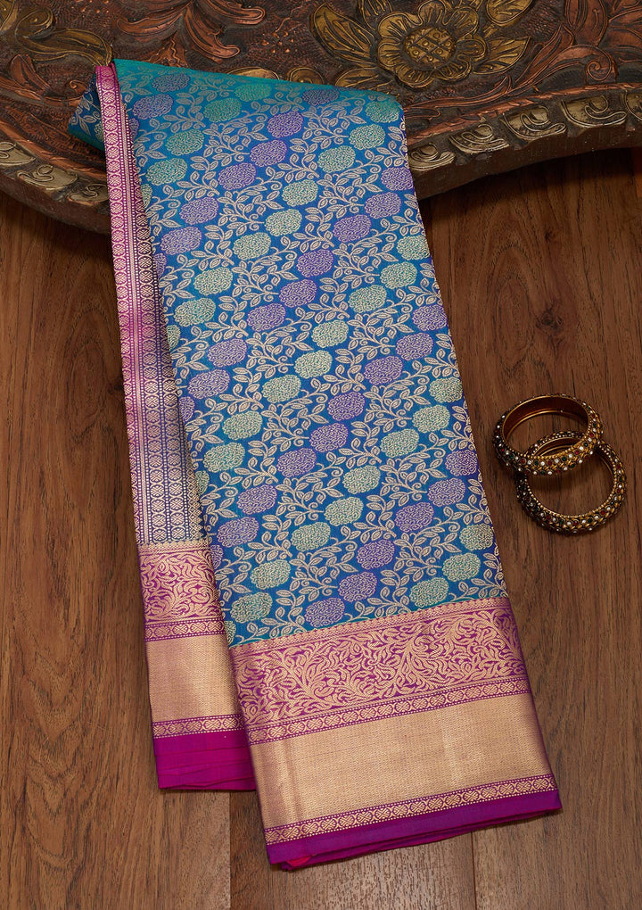 Peacock Blue Silk Jaal Saree With Matching Blouse Piece