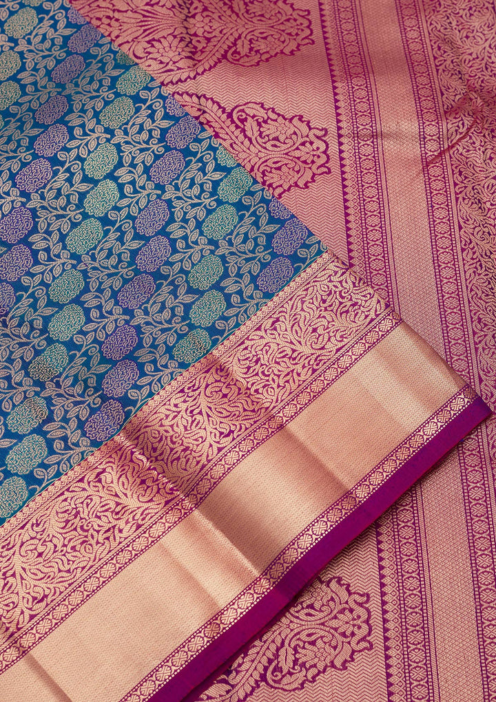 Peacock Blue Silk Jaal Saree With Matching Blouse Piece